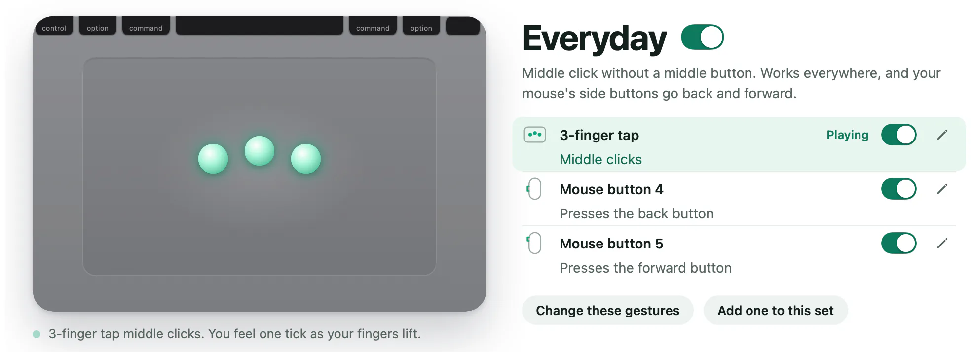 The Everyday set in Trill, switched on. A drawing of a Space Gray trackpad plays a 3-finger tap with three glowing fingertips. Beside it, the set's gestures: 3-finger tap, Middle clicks; Mouse button 4, Presses the back button; Mouse button 5, Presses the forward button.